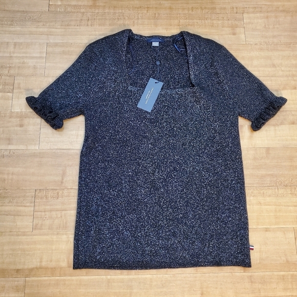 Tommy Hilfiger Womens Black Metalic Sweater M Ruffle Shirtsleeves - Picture 3 of 8